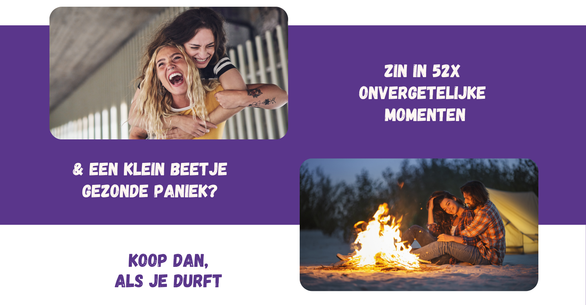 Trustfall banner met avontuurlijke date box opdrachten en de tekst: zin in 52 onvergetelijke momenten en een klein beetje gezonde paniek? Bestel dan als je durft.