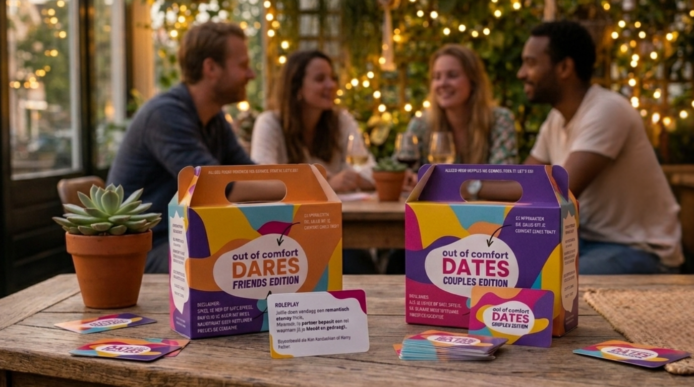 De complete Trustfall Package Deal belevenisboxen op een tafel met mensen die borrelen en een wijntje drinken op de achtergrond